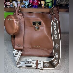 Steve Madden Oatmilk Brown Crossbody Bag Spellout Strap w/ Pouch